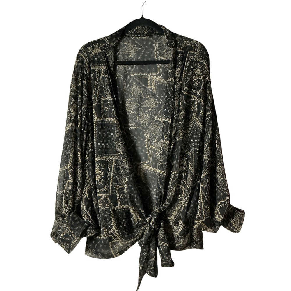 Free People Golden Hour Tie Front Kimono Womens OS Black Paisley Boho Sheer Top